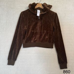 John Galt Brown Velour Full Zip Up Crop Hoodie One Size New With Tags